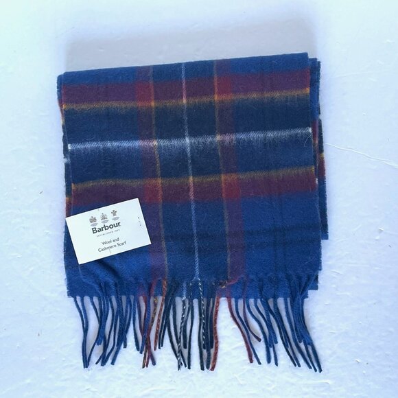 Barbour Tartan Plaid Wool Cashmere Scarf Blue Red Long Fringed Classic Unisex - Picture 5 of 5